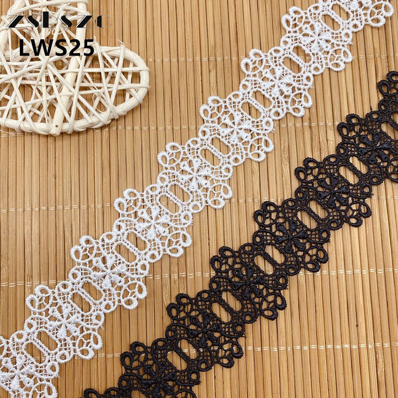 High quality 32mm polyester white hollow embroidery guipure fringe lace trim black sew ribbon for Bridal Dress clothing LWS31