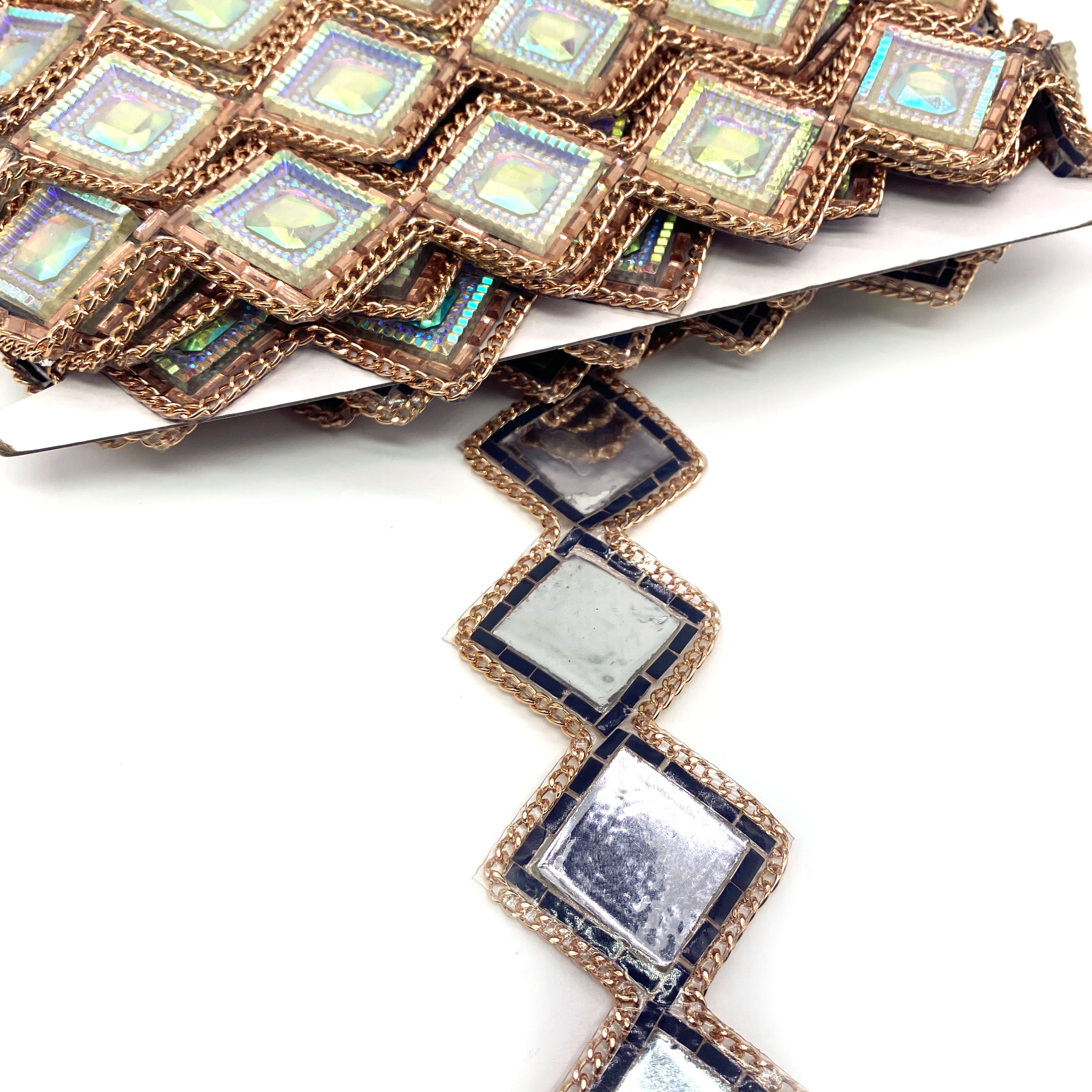 Custom AB Resin Gel Back Rhinestone Trimming Square Iron-on Trim with Metal Chain for Shoes Garments Bags Dresses
