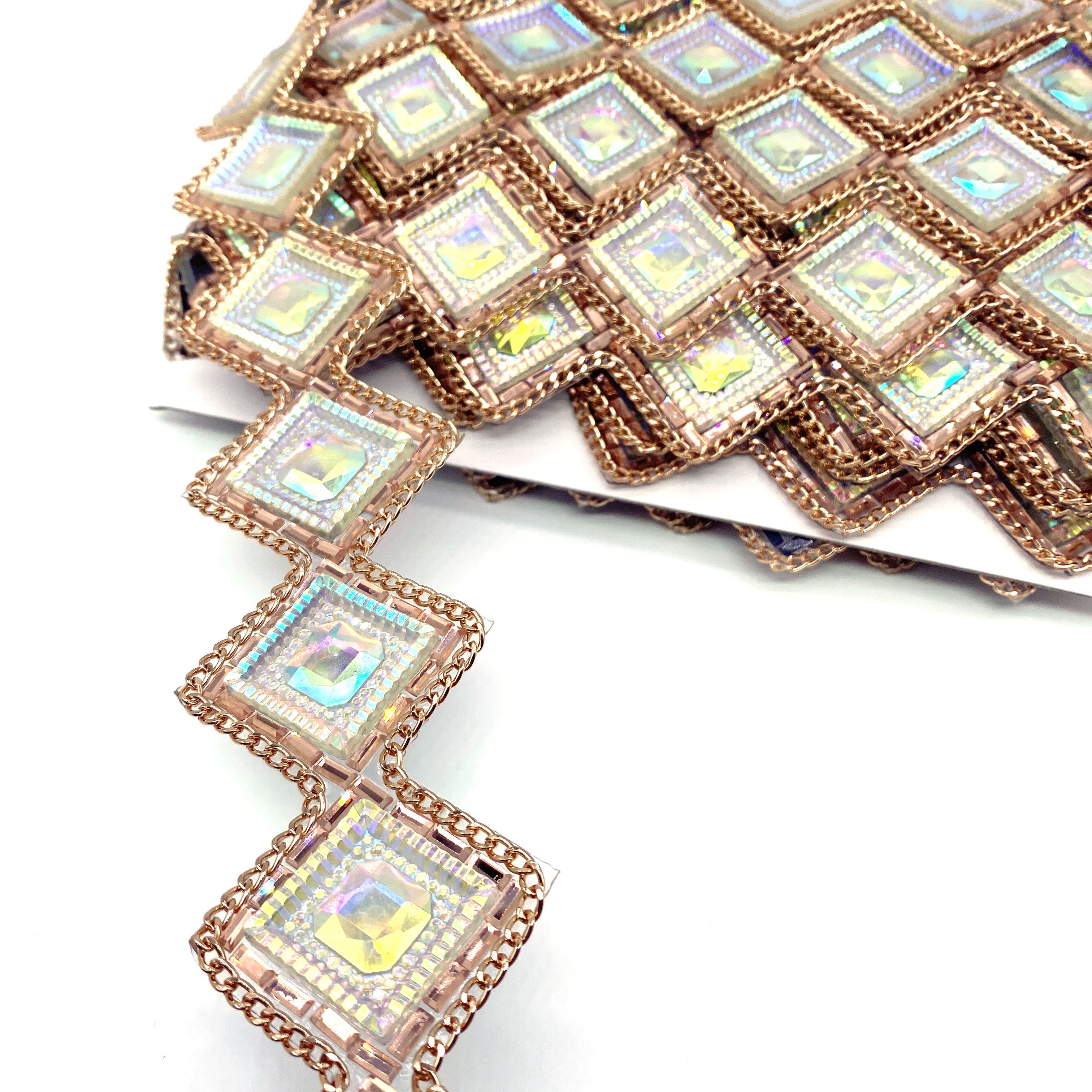 Custom AB Resin Gel Back Rhinestone Trimming Square Iron-on Trim with Metal Chain for Shoes Garments Bags Dresses