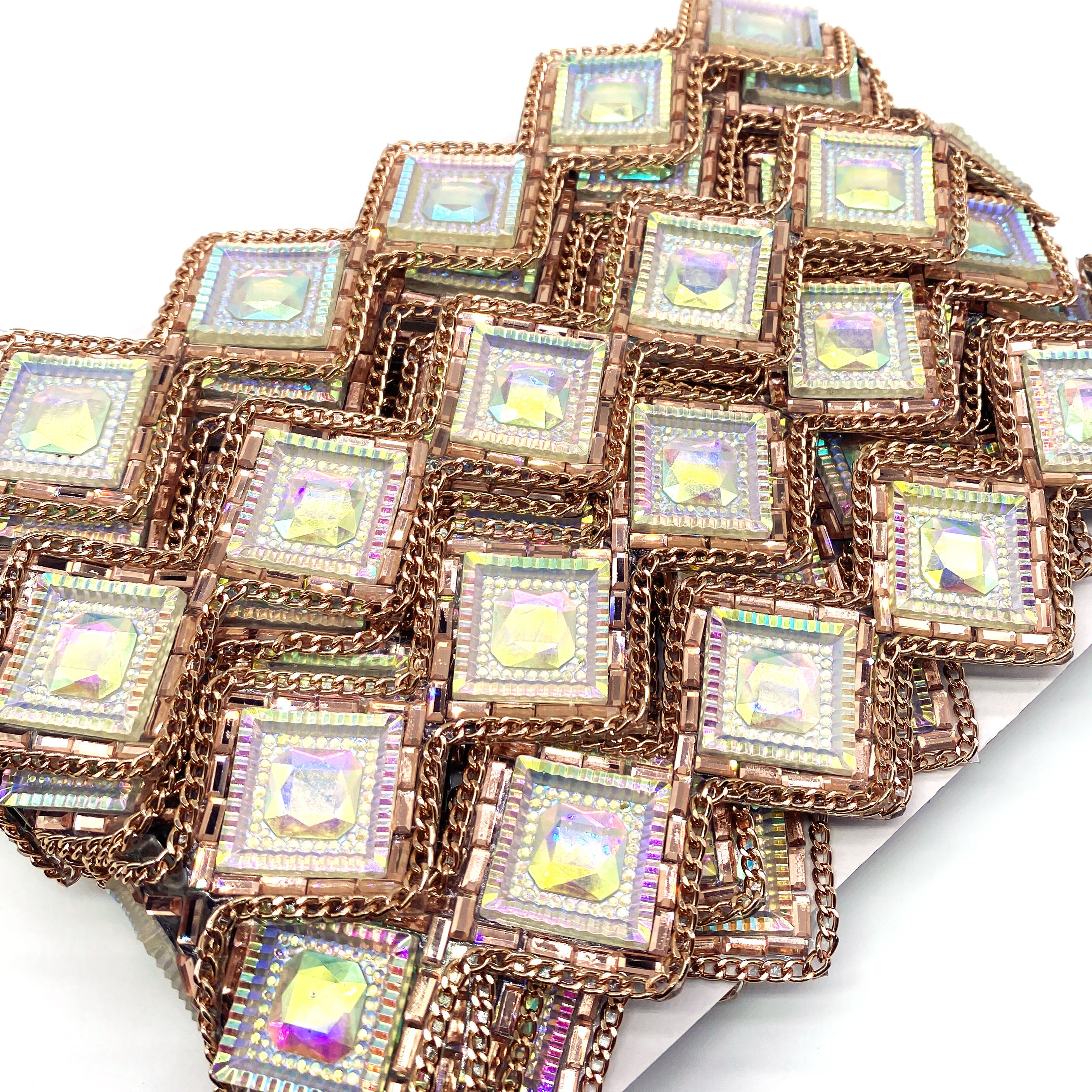 Custom AB Resin Gel Back Rhinestone Trimming Square Iron-on Trim with Metal Chain for Shoes Garments Bags Dresses
