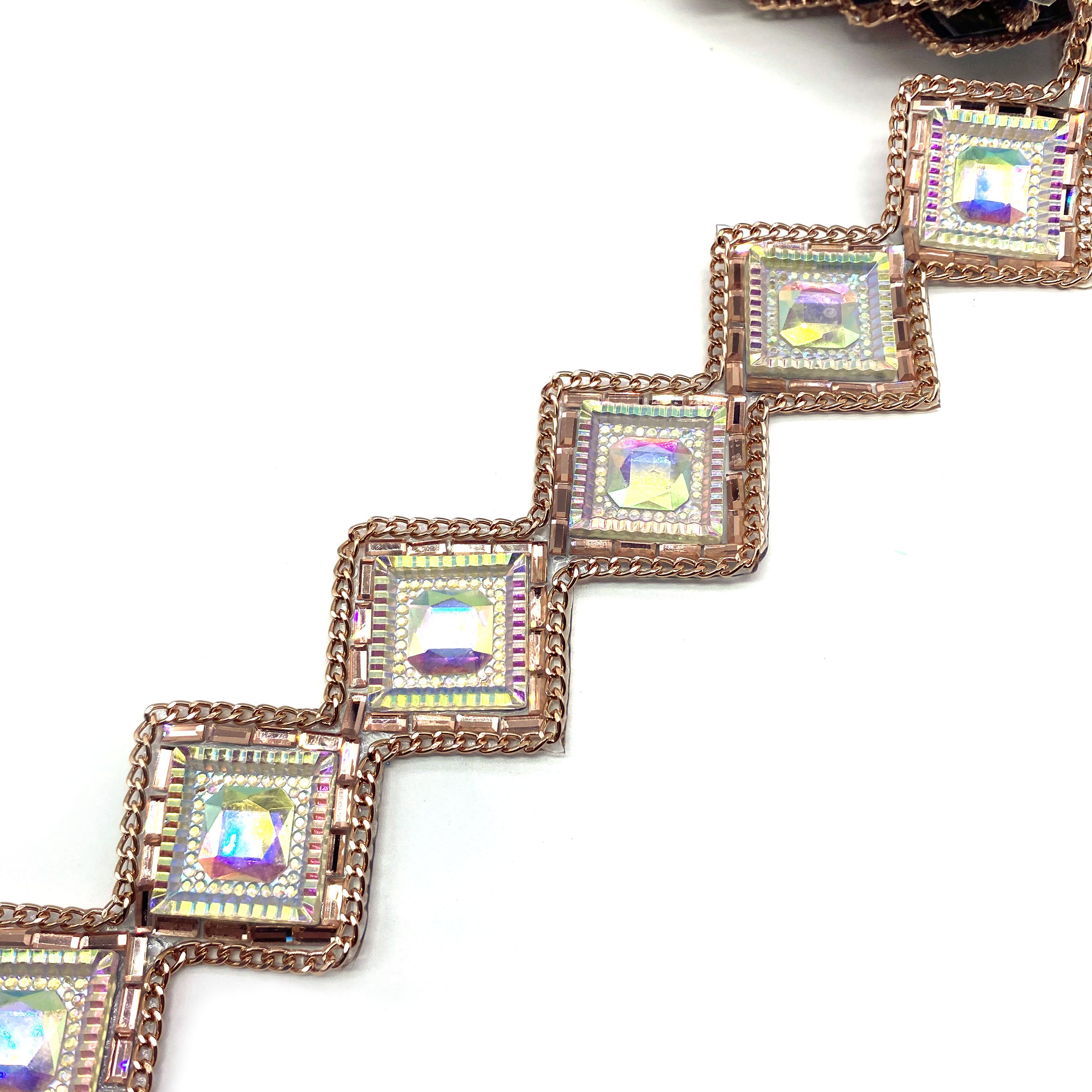 Custom AB Resin Gel Back Rhinestone Trimming Square Iron-on Trim with Metal Chain for Shoes Garments Bags Dresses