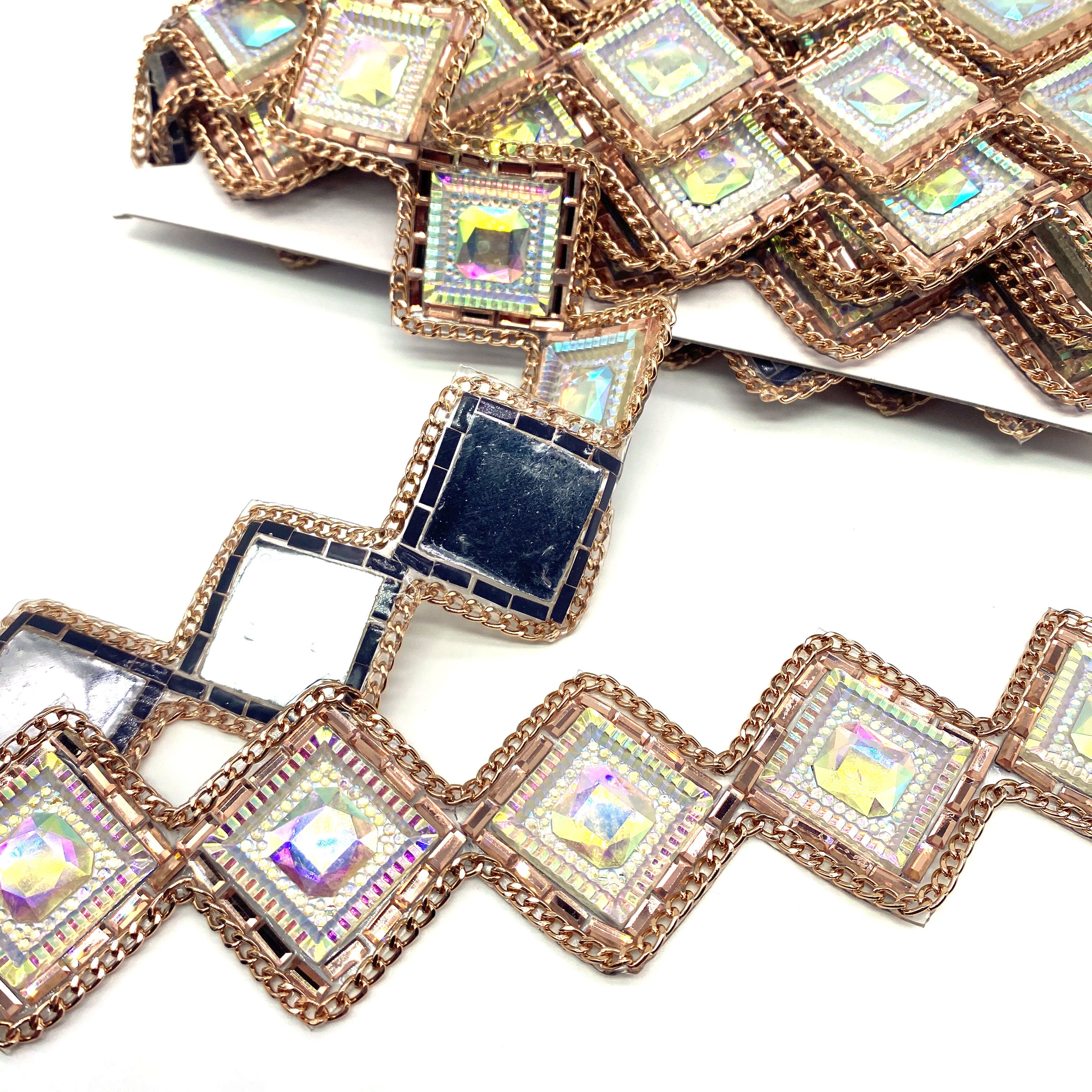 Custom AB Resin Gel Back Rhinestone Trimming Square Iron-on Trim with Metal Chain for Shoes Garments Bags Dresses
