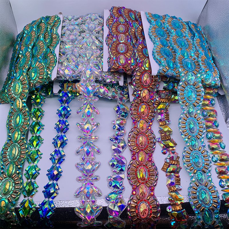 2024 New Design Carnival Costume Carnival Trim Iron On Green Red Resin Rhinestone Applique Trim