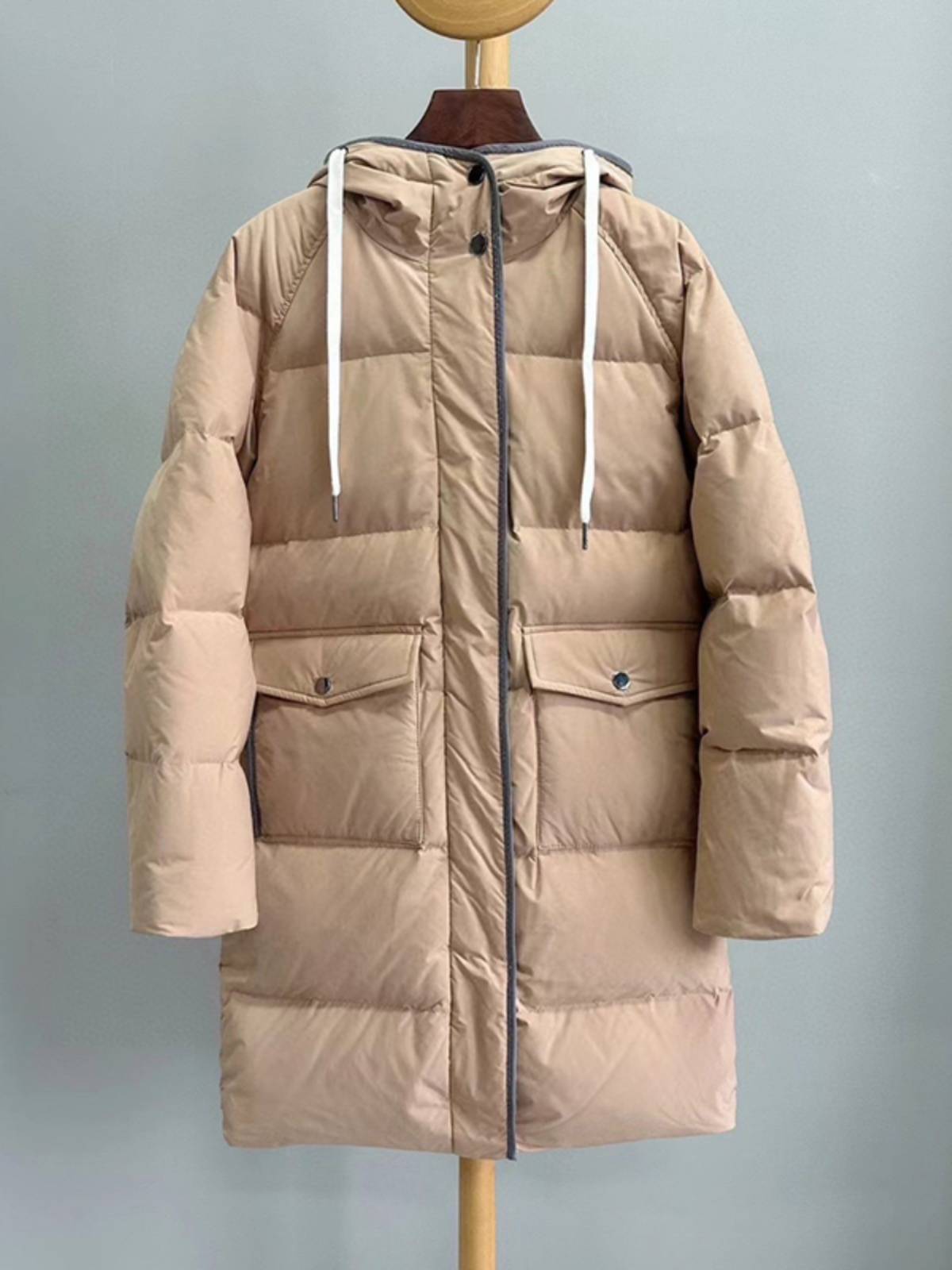 90 white goose velvet hooded mid -length down jacket straight tube thickened beads outer jacket female