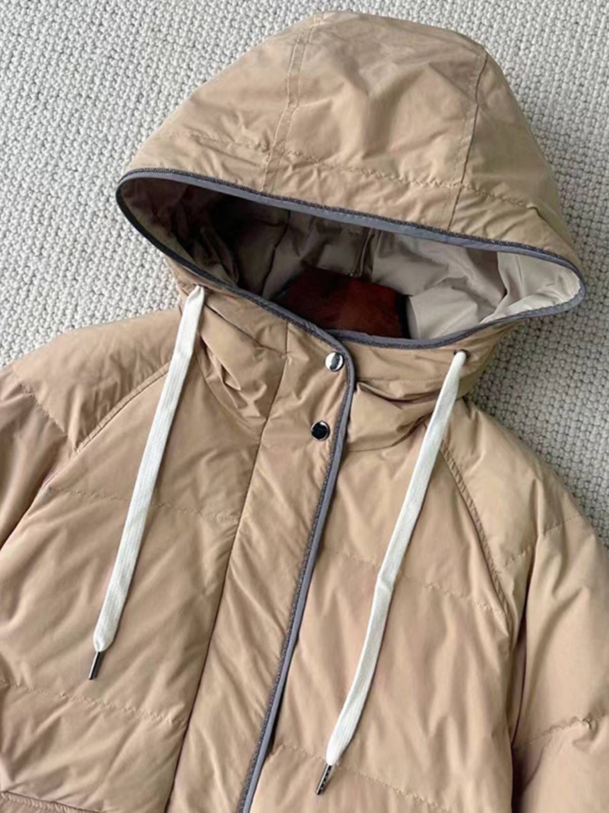 90 white goose velvet hooded mid -length down jacket straight tube thickened beads outer jacket female