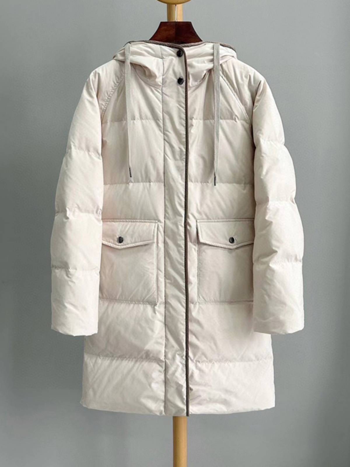 90 white goose velvet hooded mid -length down jacket straight tube thickened beads outer jacket female