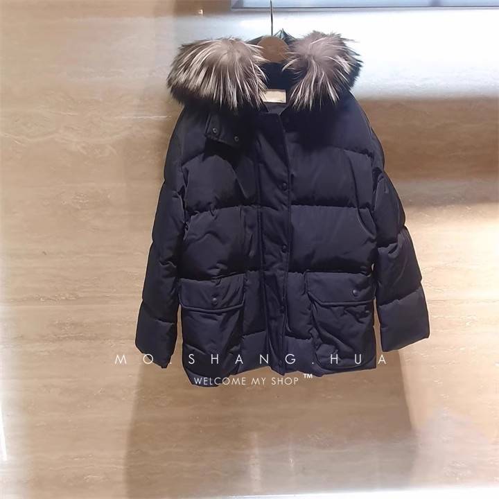 Light luxury style mid -length hooded silver fox hair collar down jacket