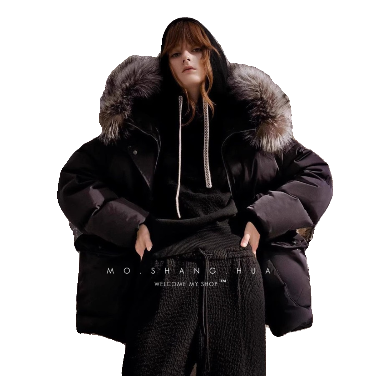 Light luxury style mid -length hooded silver fox hair collar down jacket