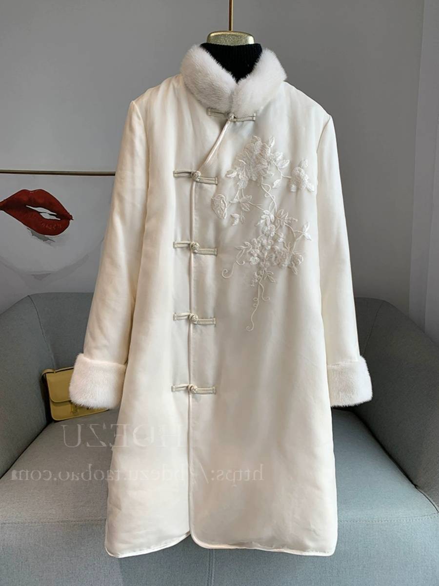 Guofeng silk, light luxury down fur jacket medium long model