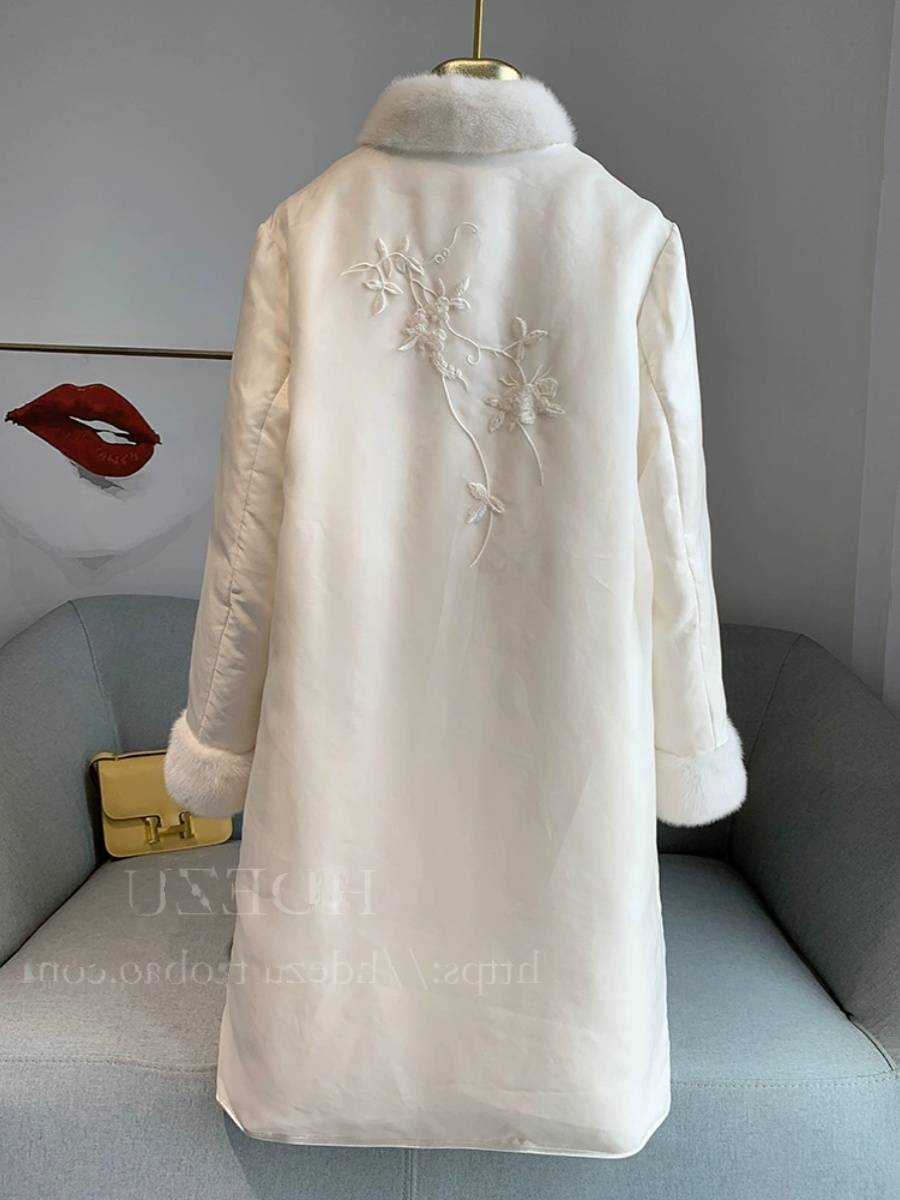 Guofeng silk, light luxury down fur jacket medium long model