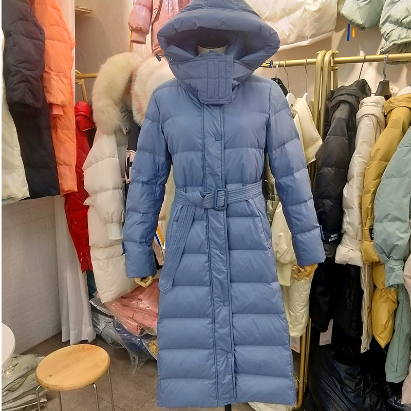 Down jacket over the knee and hooded thickened waist slim