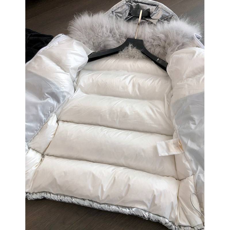Winter new women's silver -colored shiny wool collar down jacket, filled 95 white goose down