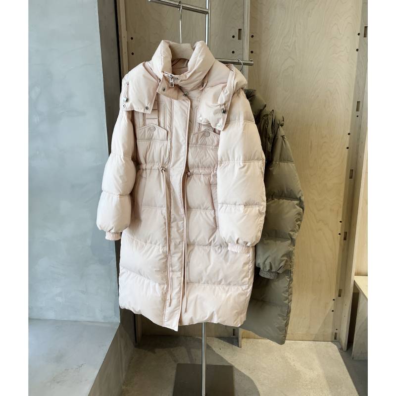 Pink cherry blossoms and milk tea are warm duck down zipper single -breasted buckle, removable hats, down jackets, long women's winter clothes