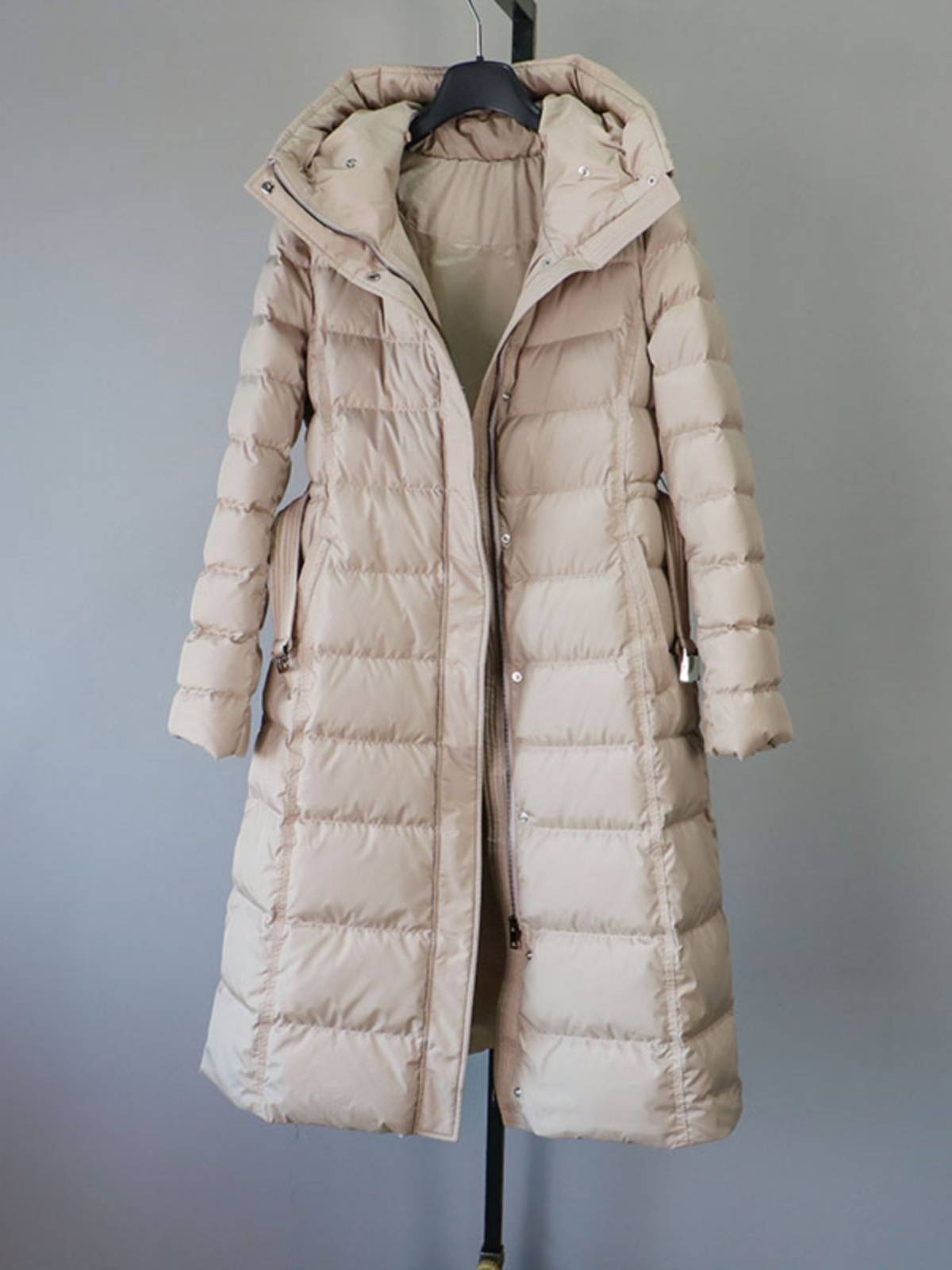 2023 Winter Korean down jackets in the long -style white goose velvet pure color connecting hooded and thinner warm zipper jacket
