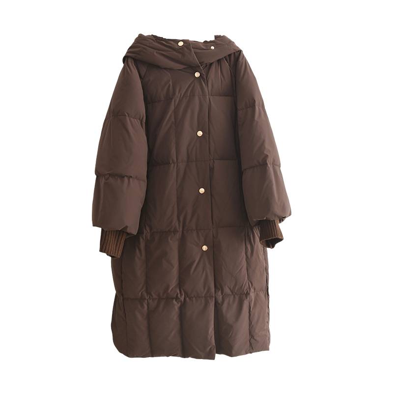 Long -long casual brown down jacket jacket in the hat
