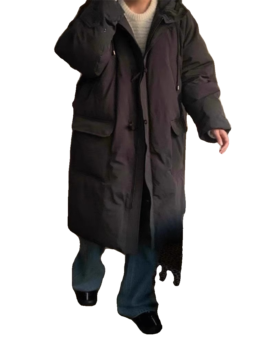 Bruni South Korea East Gate 2023 Winter new hooded hooded horn buckle goose velvet long down jacket