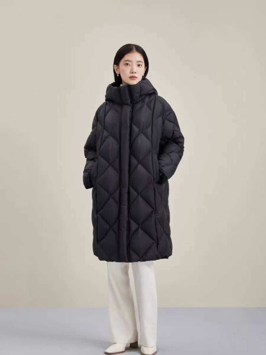 Winter new simple hooded rhombus straight long -tube long warm down jacket