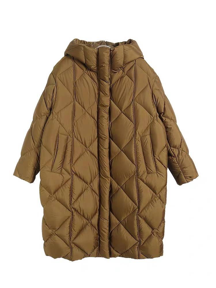 Winter new simple hooded rhombus straight long -tube long warm down jacket