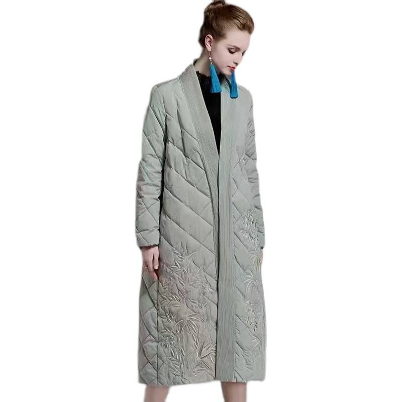 Down jacket Heavy workers embroidered Su Embroidered Guofeng Mid -length 300 three -dimensional flowers and leaves with hat women