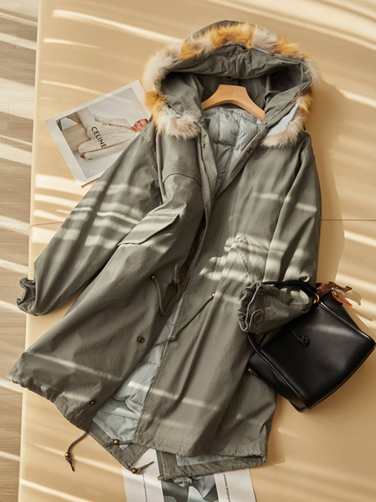 Fox down jacket hooded coat trench coat