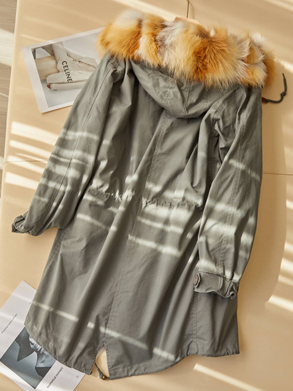 Fox down jacket hooded coat trench coat