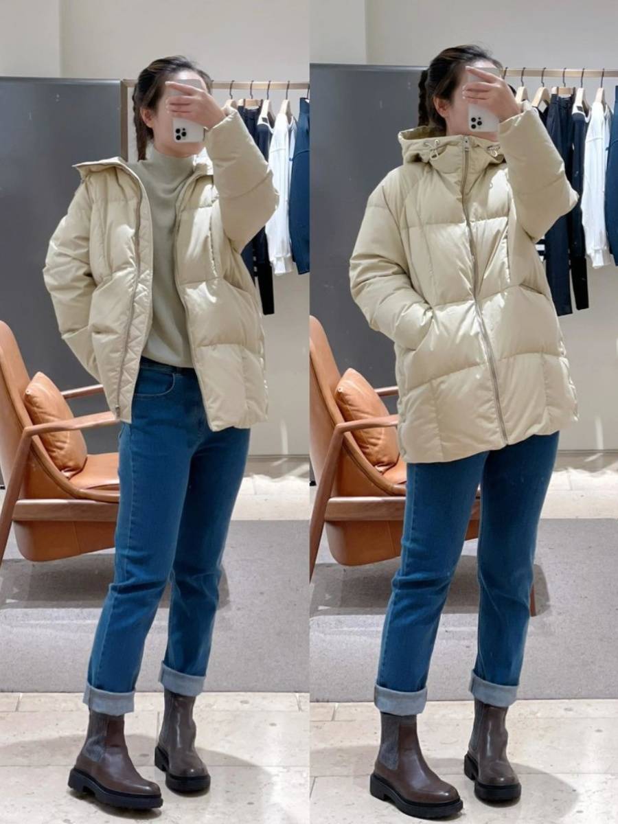 Hooding sand color mid -long white goose velvet bread down jacket
