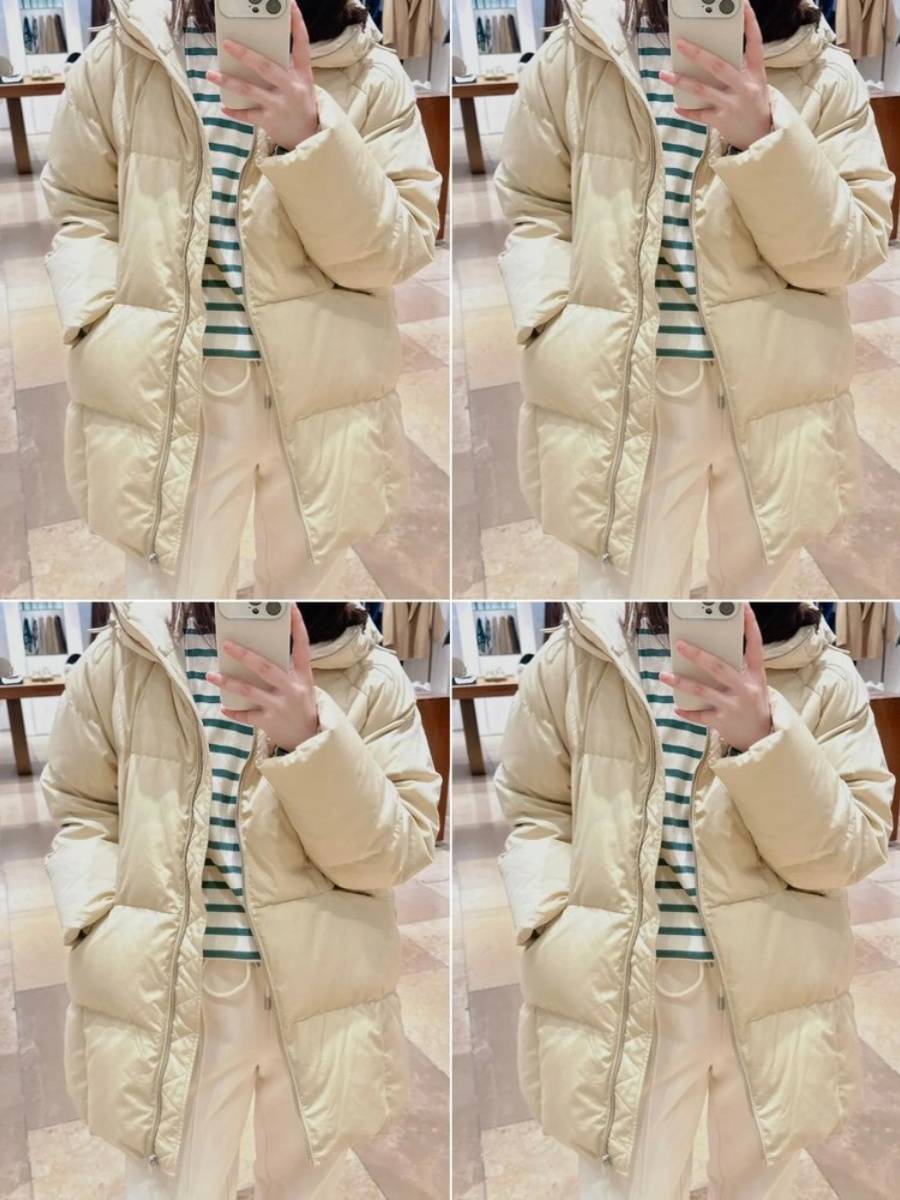 Hooding sand color mid -long white goose velvet bread down jacket