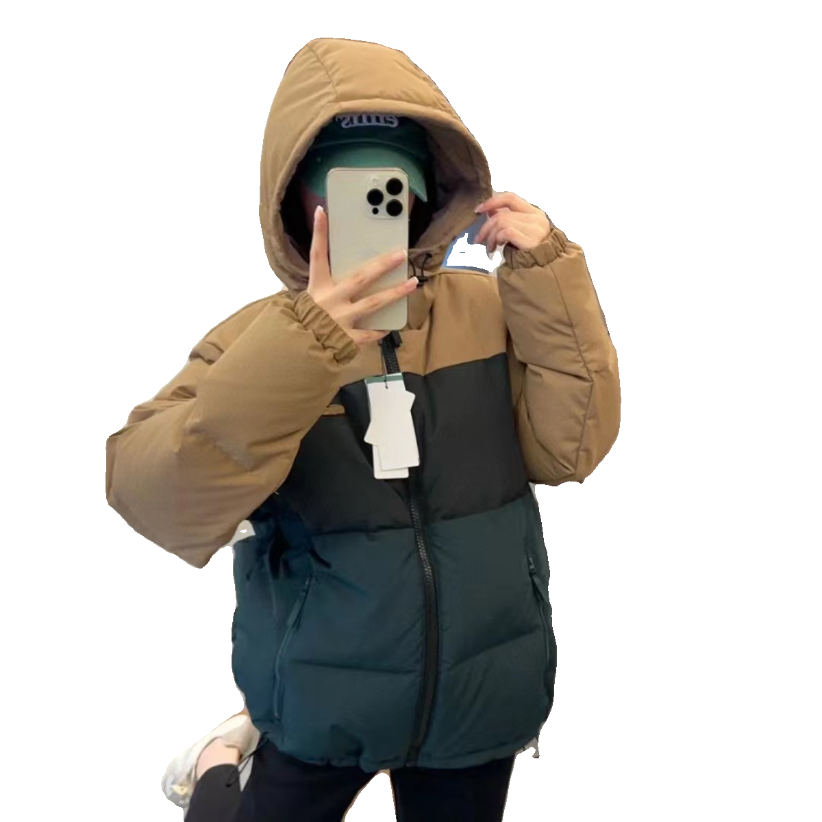 Coded 112301 Welfare Fish Embroidery Small Label Fighting Color Hooded White Duck Plel Plel Plug -in Men and Women Same model