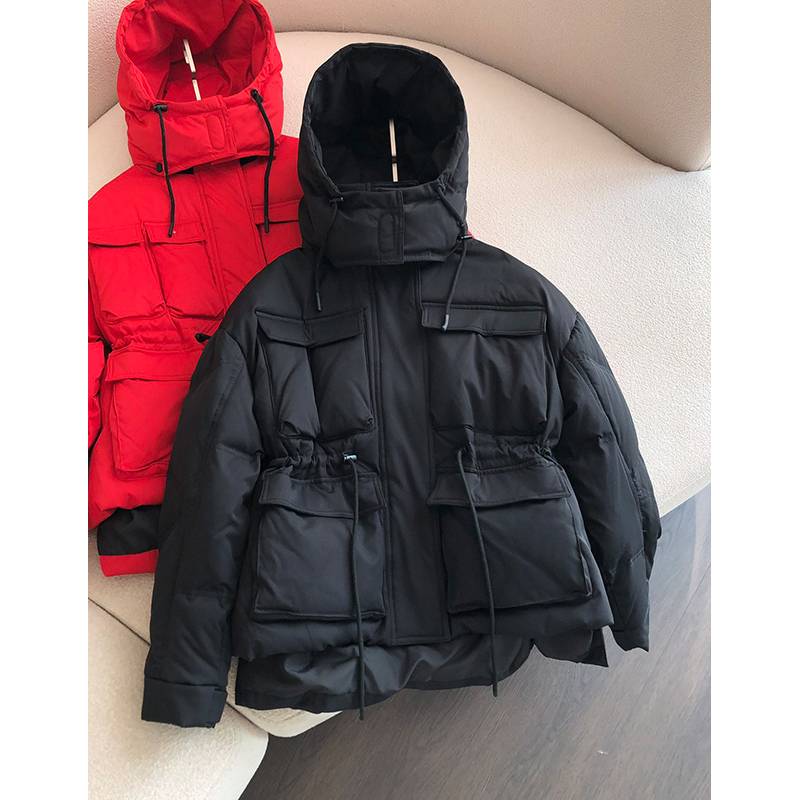 MC2 red stand -up collar hooded down jacket female short 2023 winter new white duck down waist waist is thin and versatile black
