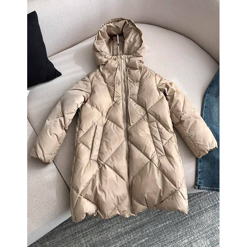 2023 autumn and winter new beige medium long goose down hooded down jacket outer set women