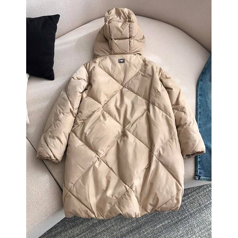2023 autumn and winter new beige medium long goose down hooded down jacket outer set women