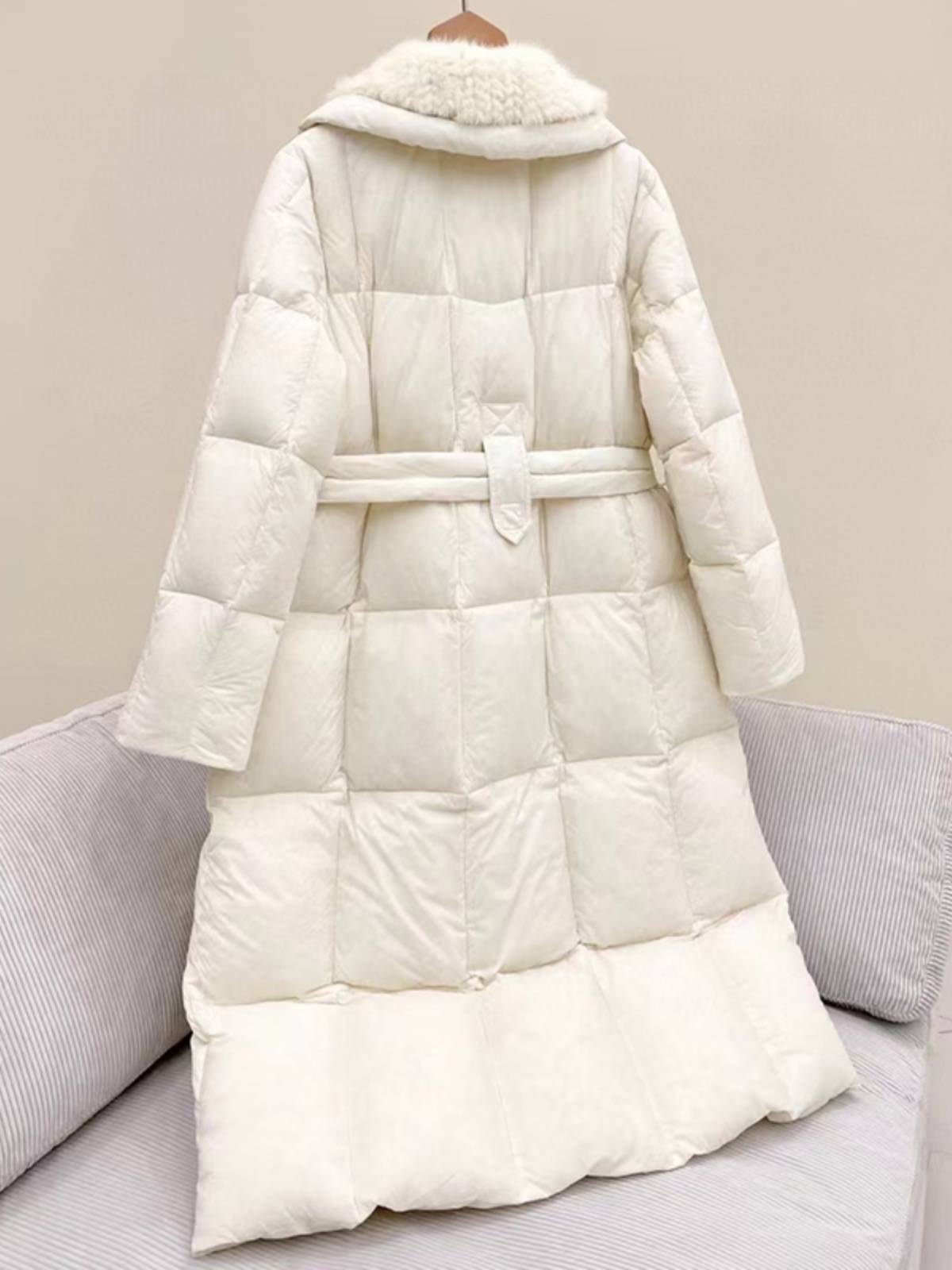 New white duck down jacket long mink big lap lapel temperament belt waist warming coat