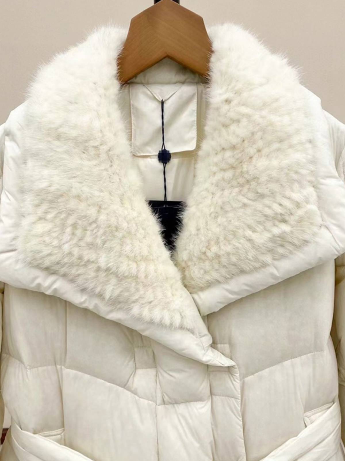 New white duck down jacket long mink big lap lapel temperament belt waist warming coat