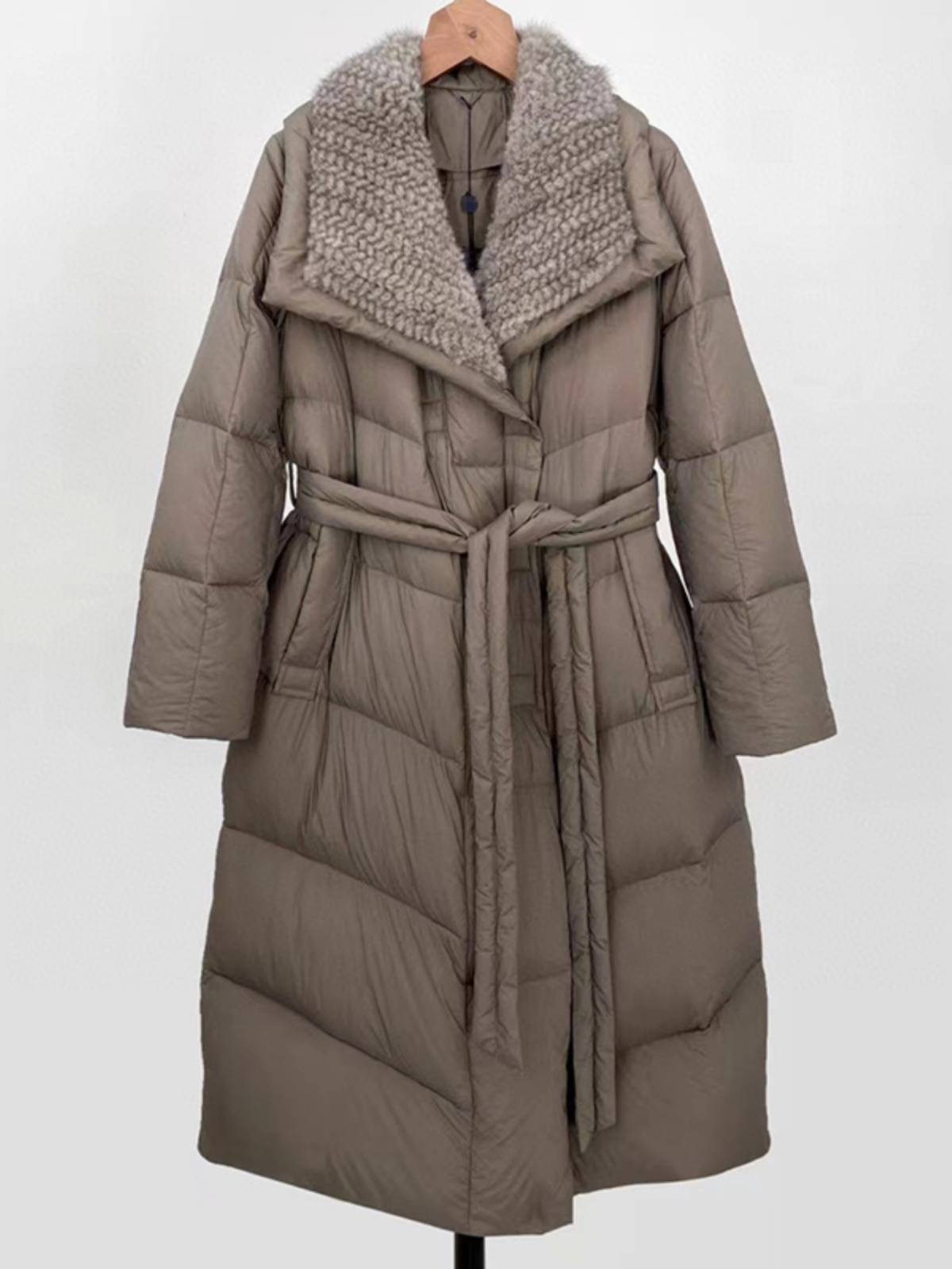 New white duck down jacket long mink big lap lapel temperament belt waist warming coat