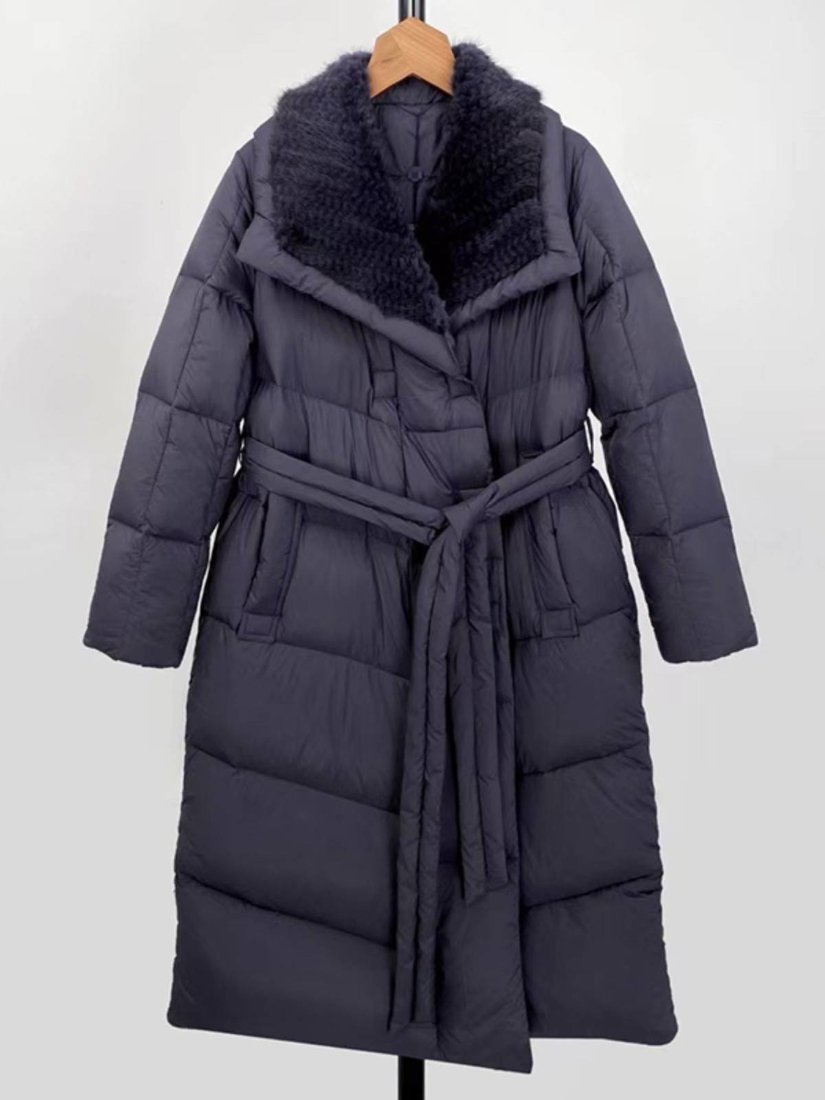 New white duck down jacket long mink big lap lapel temperament belt waist warming coat