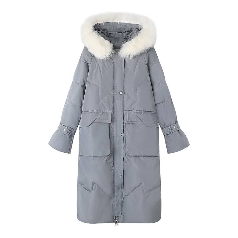 Big wool collar over knee down jacket female warm jacket