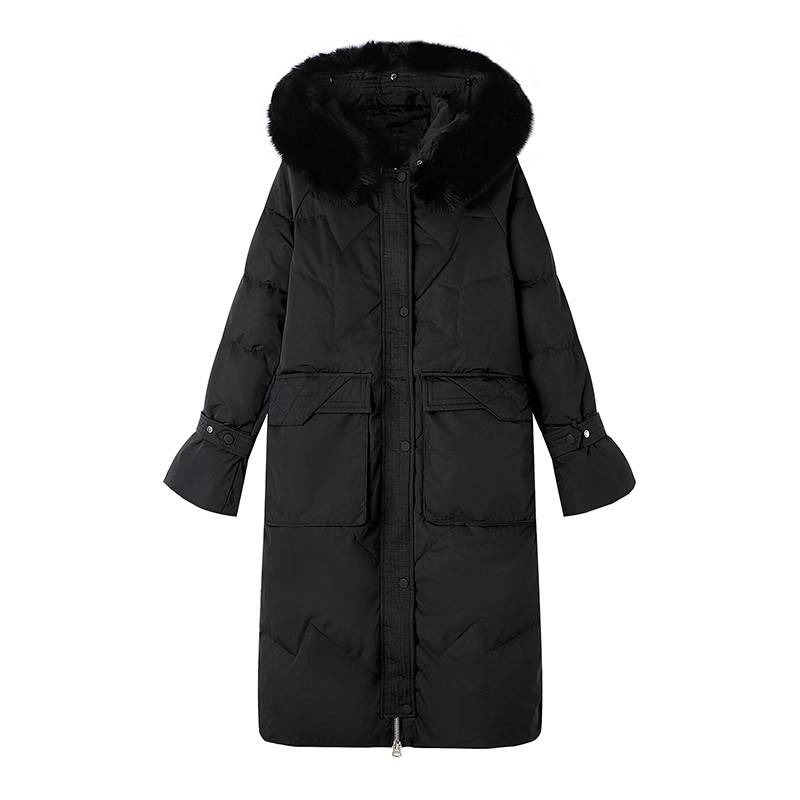 Big wool collar over knee down jacket female warm jacket
