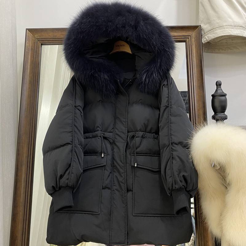 Returning to the seasonal down jacket women's middle -length tweezers big hair collar Korean drawing rope, waist, slim women's clothes hooded jacket