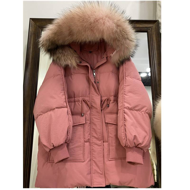Returning to the seasonal down jacket women's middle -length tweezers big hair collar Korean drawing rope, waist, slim women's clothes hooded jacket