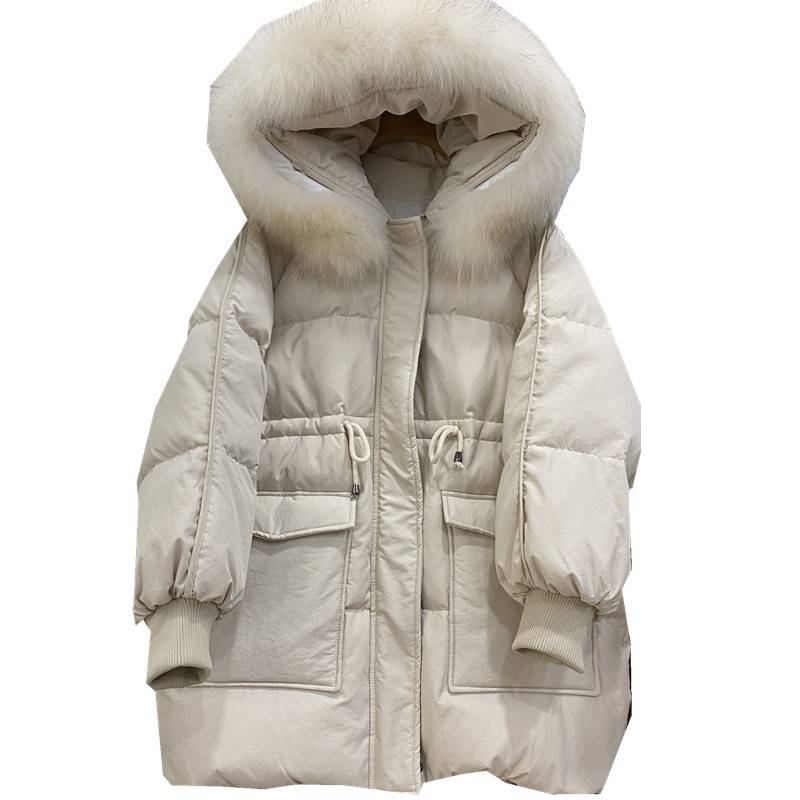 Returning to the seasonal down jacket women's middle -length tweezers big hair collar Korean drawing rope, waist, slim women's clothes hooded jacket