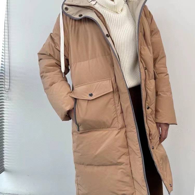 Mid -long white goose velvet bead jacket BC90 hood