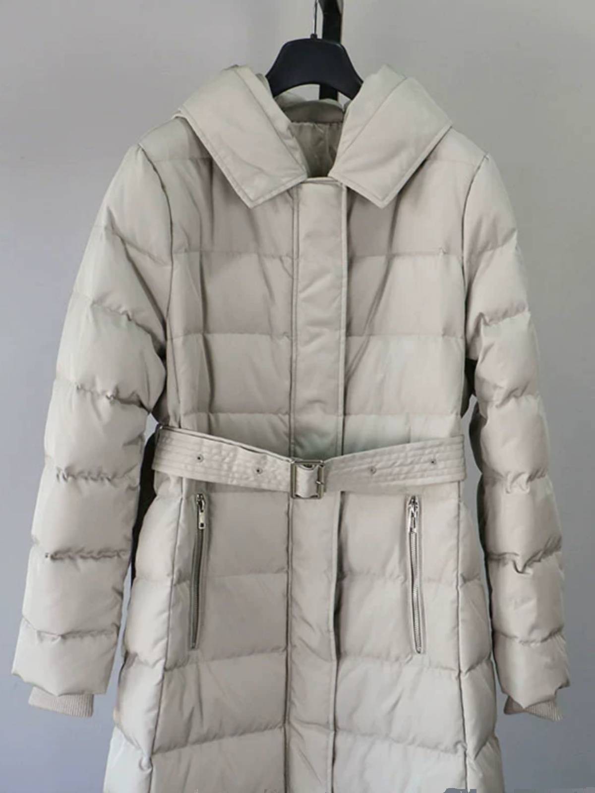 2023 Winter Korean original single down jacket medium and long female loose and thin belt thickened warm hood