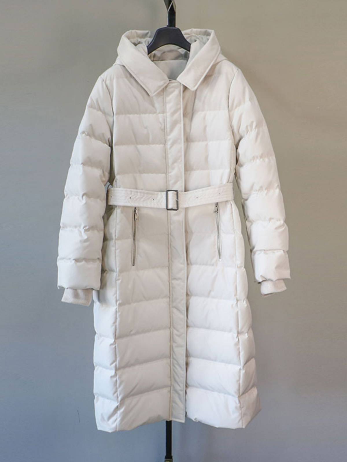 2023 Winter Korean original single down jacket medium and long female loose and thin belt thickened warm hood