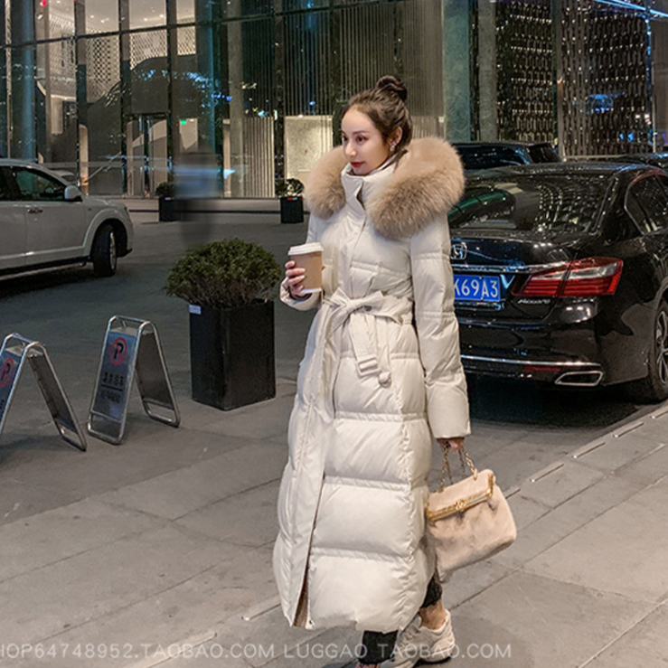 Fox fur collar over knee down jacket long big hair collar
