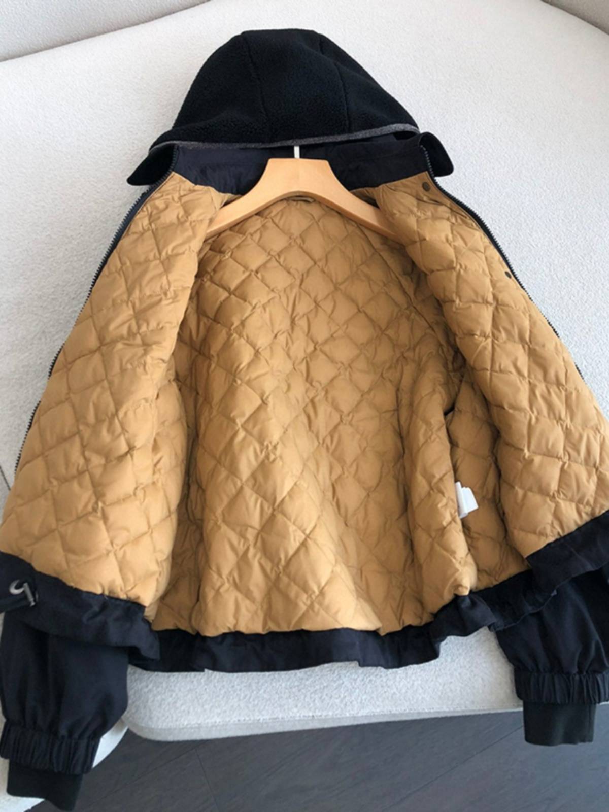 Goose down short work style down jacket female 2023 autumn and winter new lamb hairy hat loose casual heating jacket