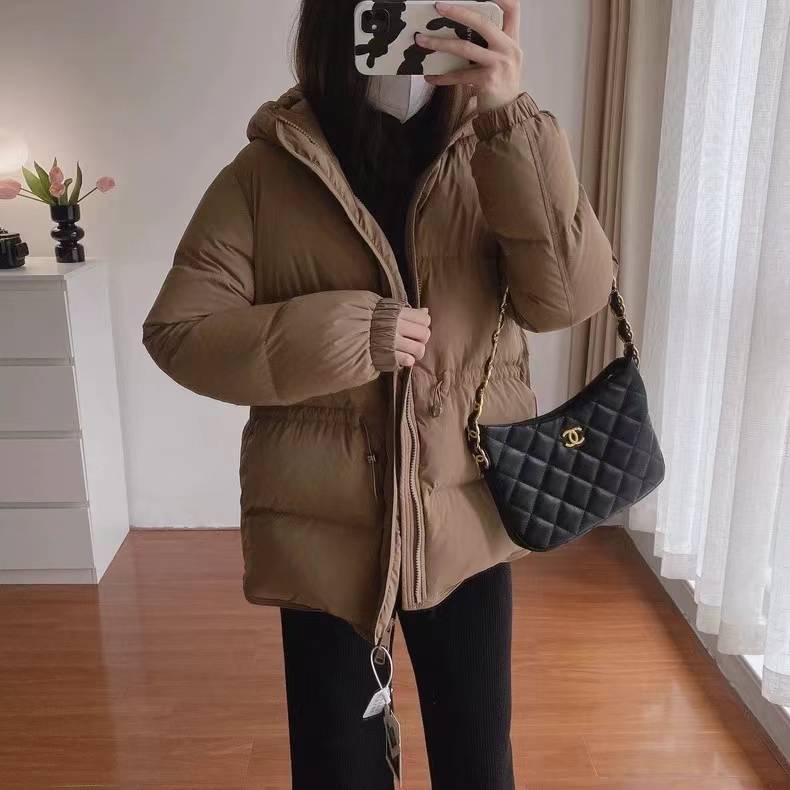 one!Puff high -end hooded waist down jacket Female winter new style keeping warm and thin 90 white goose velvet jacket