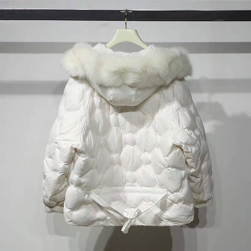 White fox fur collar embroidery hooded down jacket
