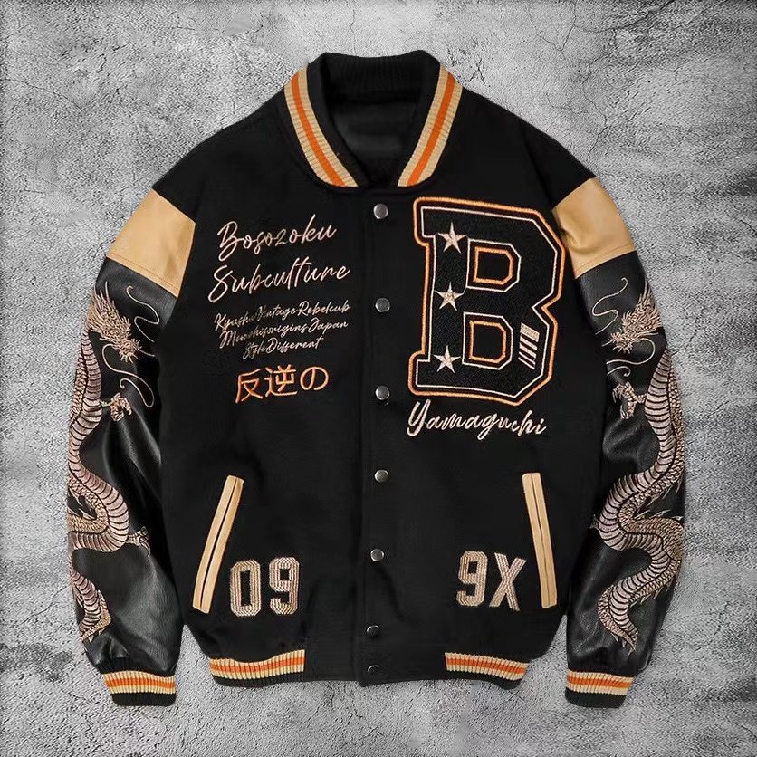 Customized Logo University Jacket Leather Sleeves Embroidered Black Couple University Baseball Men's Jacket Letterman Clothing