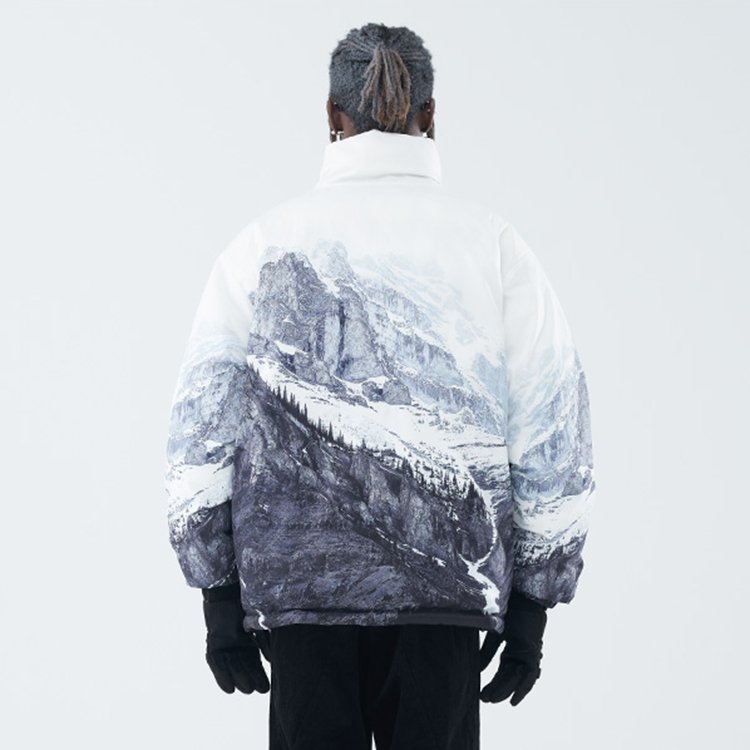 Mens double wear thick puff all over printing street padded women soft coat custom logo factory OEM winter jackets