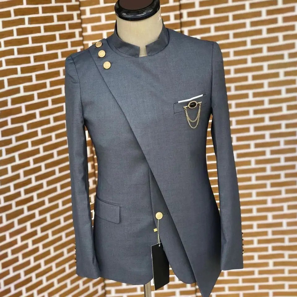 XXS-7XL Designer Navy Blue Men Suits Stand Collar Costume Homme Wedding Tuxedos Groom Prom Slim Fit Blazer 2 Pieces Jacket+pants